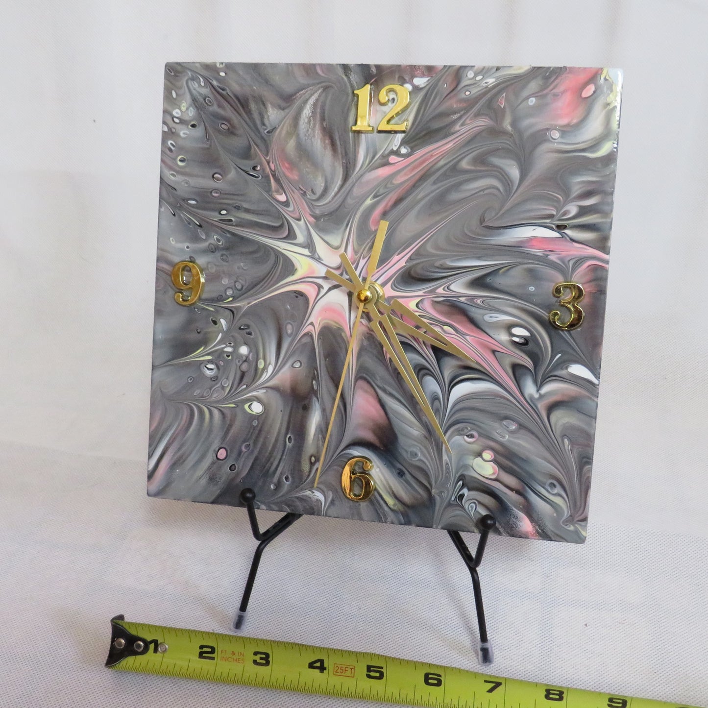 Hand Painted Fluid Art Clock - 8x8 Wood Panel Wall Clock - Pink Synapse Design - Grey/Black Abstract Art - Unique Home Decor