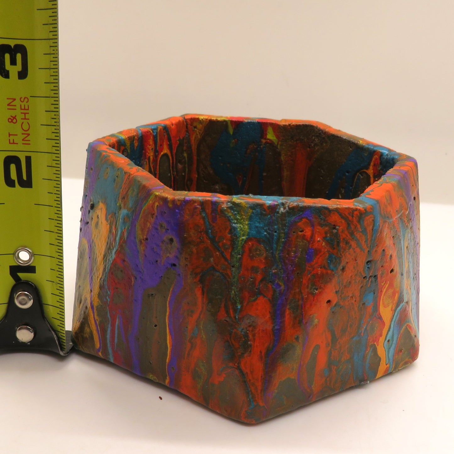 Handmade Hexagon Cement Dish - Candle Holder, Jewelry Box, Succulent Planter with Pour Paint Finish