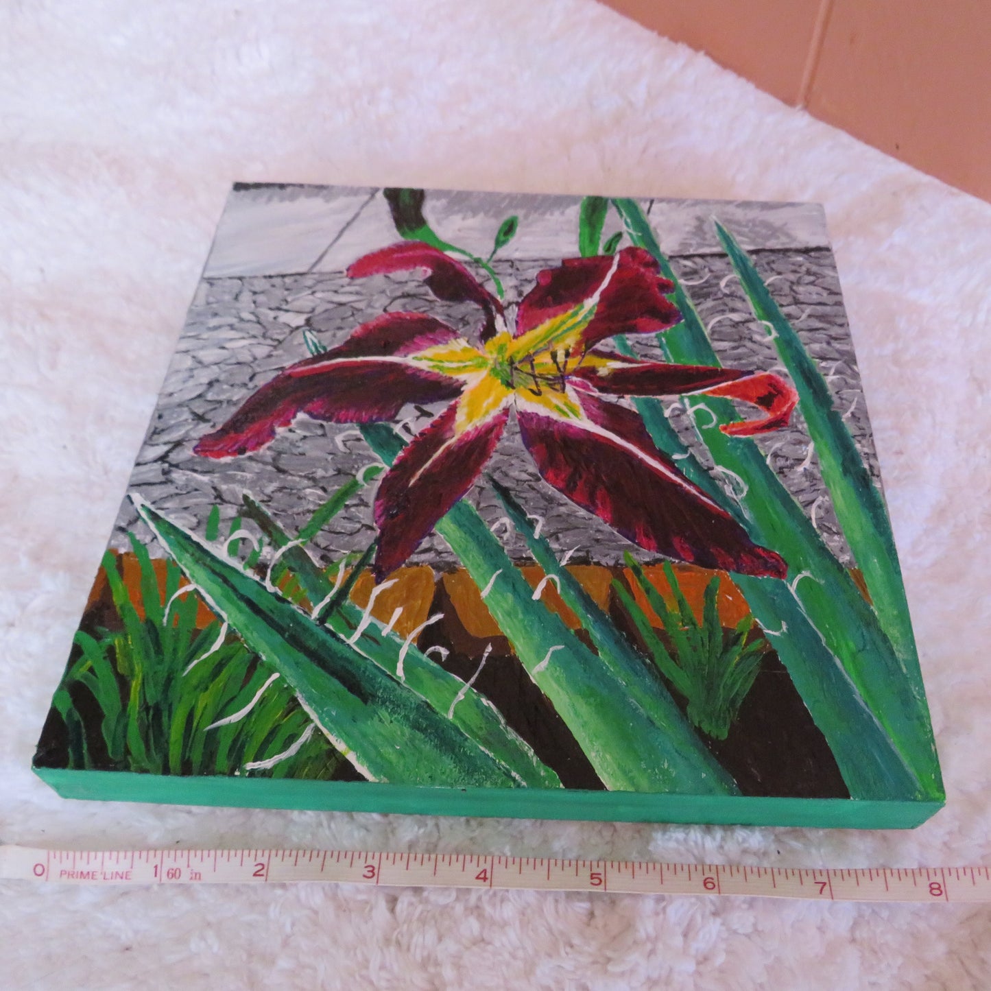 Original Purple Daylily with Yucca 8x8 Hand-Painted Art Print, Signed Wall Decor