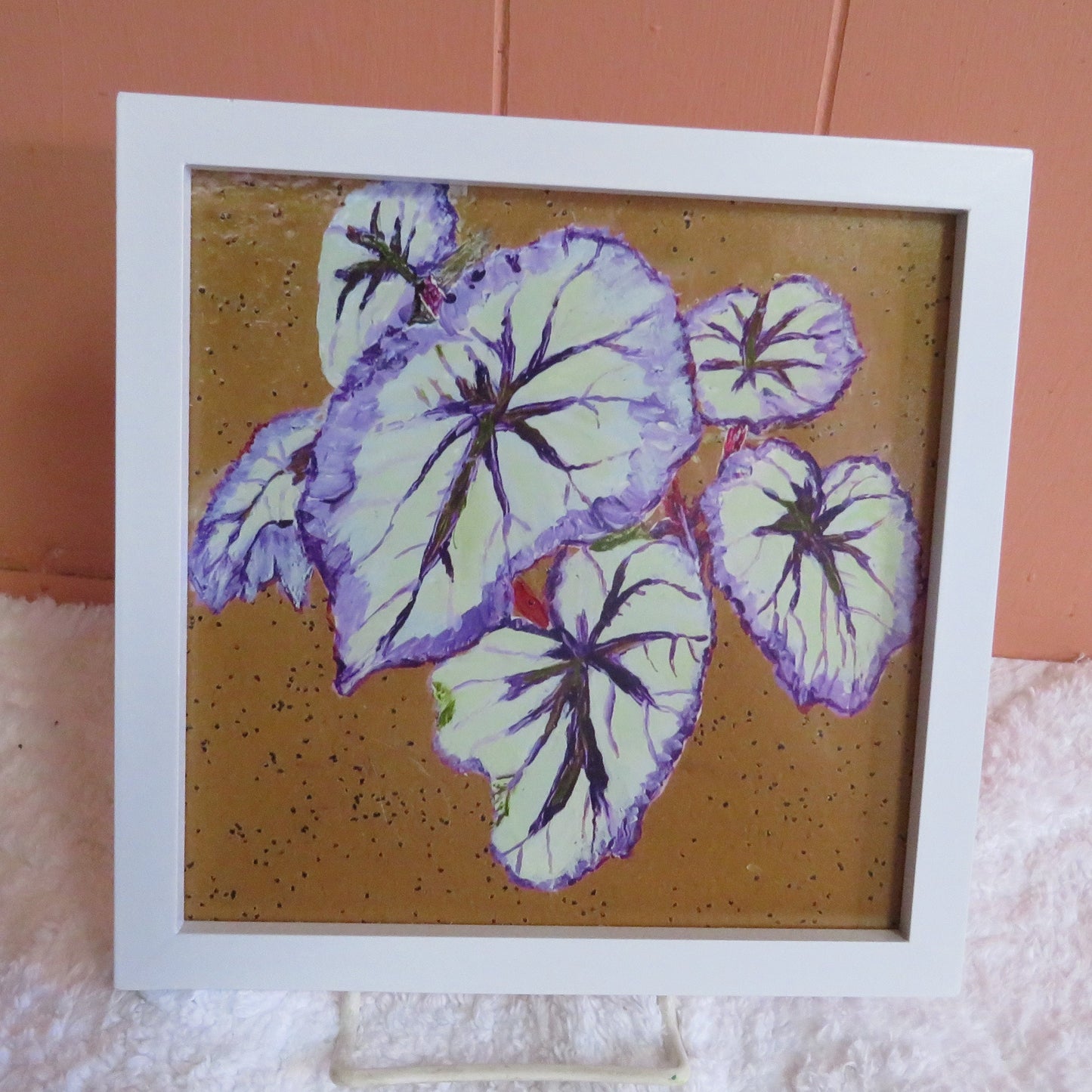 Hand-Painted Rex Begonia Leaf Art, Purple & Silver Wall Decor, Signed 8x8 Photo Print