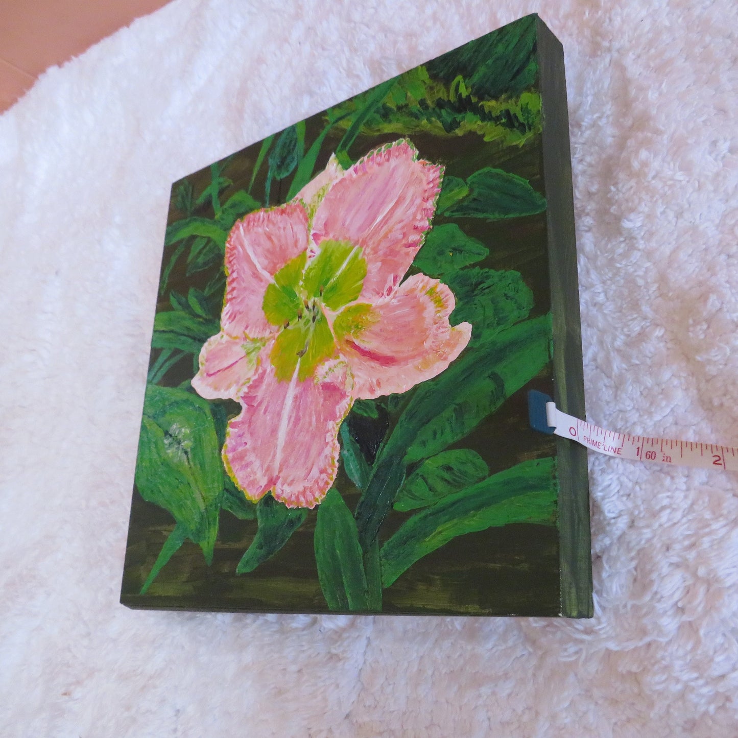 Hand-Painted Daylily Artwork - Pink Ruffled Flower Painting on Wood Panel 8x8, Original Floral Decor