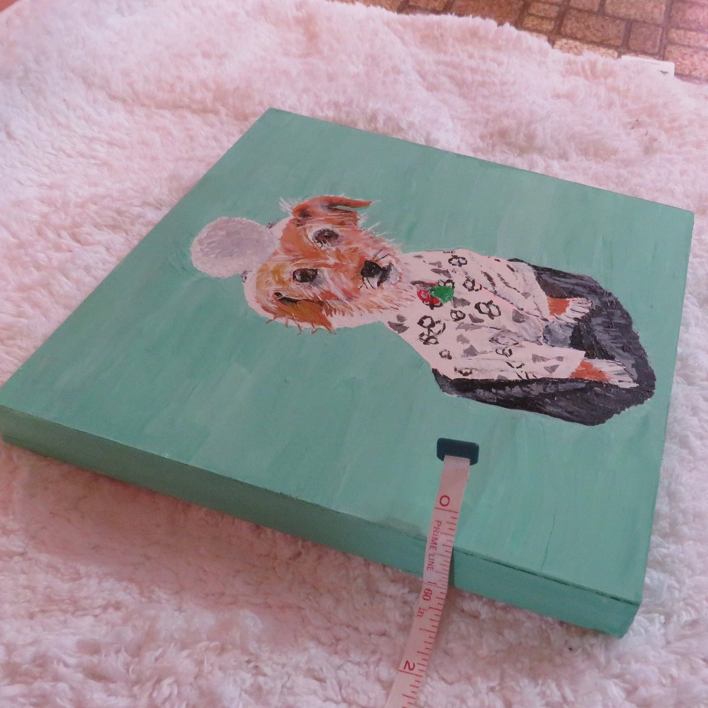 Charming Terrier Mix in Pompom Pajamas, Handmade Original Dog Painting 8x8