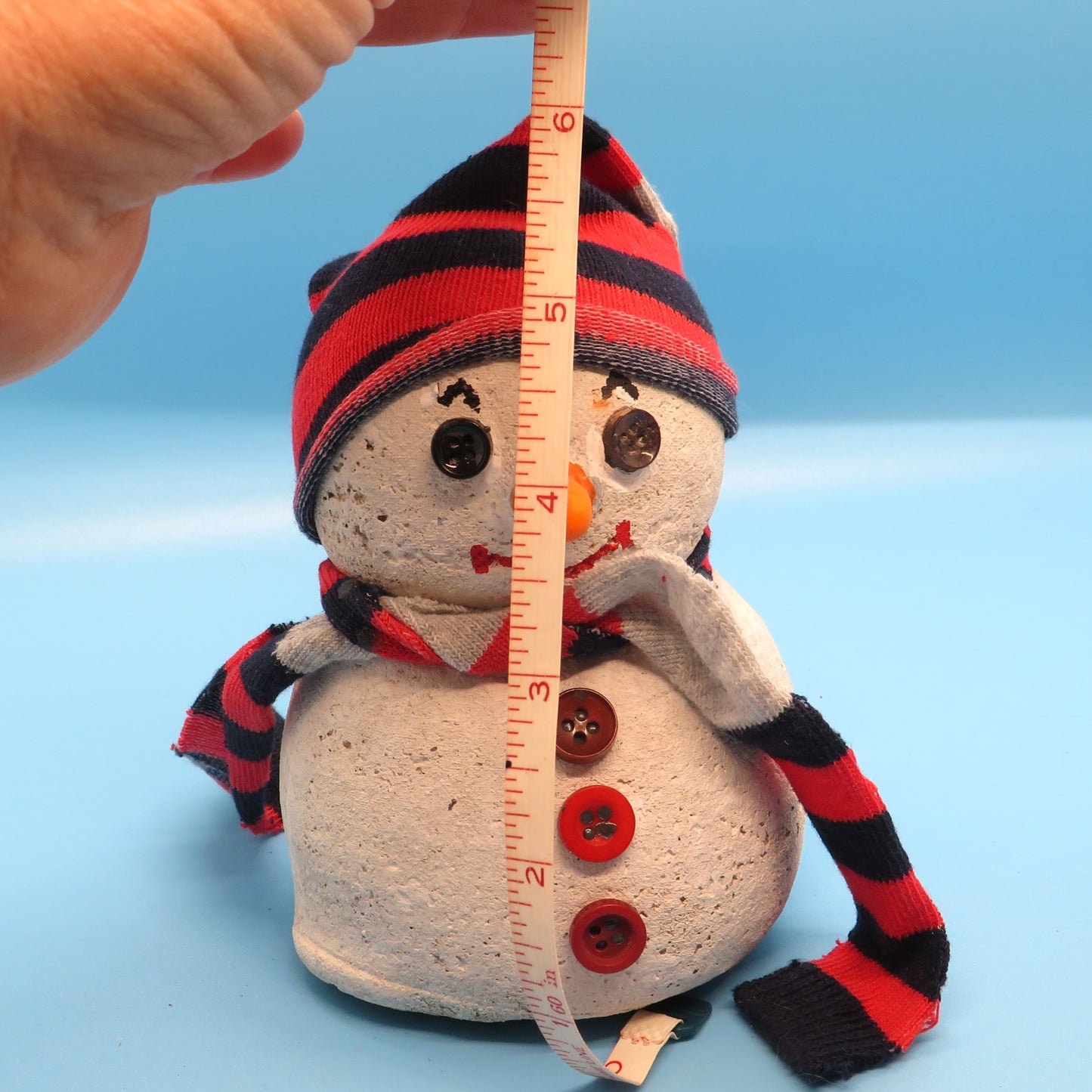 Unique Hypertufa Snowman Figurine with Cozy Sock Hat & Scarf, Winter Tabletop Decor