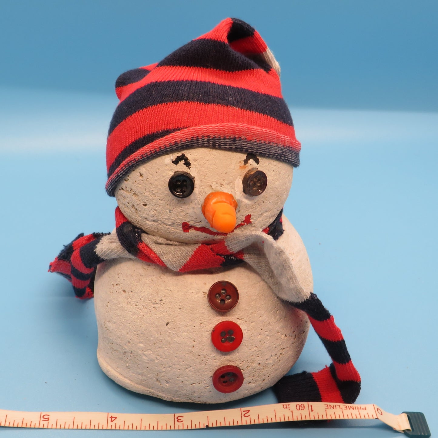 Unique Hypertufa Snowman Figurine with Cozy Sock Hat & Scarf, Winter Tabletop Decor