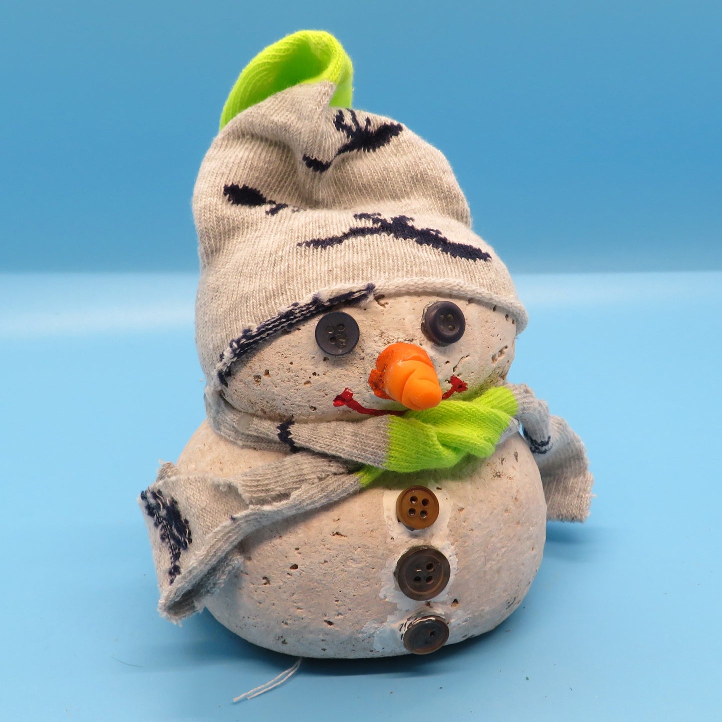 Unique Hypertufa Snowman Figurine with Cozy Sock Hat & Scarf, Winter Tabletop Decor