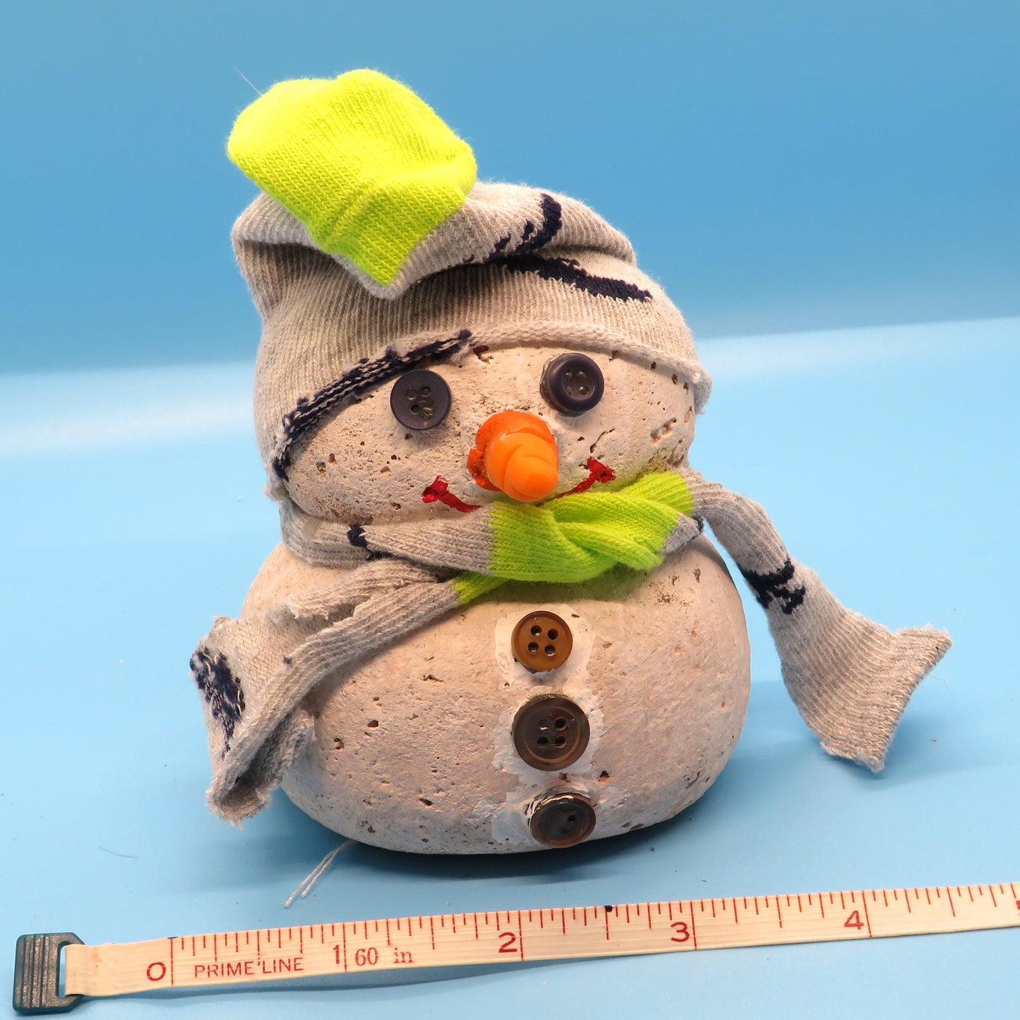 Unique Hypertufa Snowman Figurine with Cozy Sock Hat & Scarf, Winter Tabletop Decor