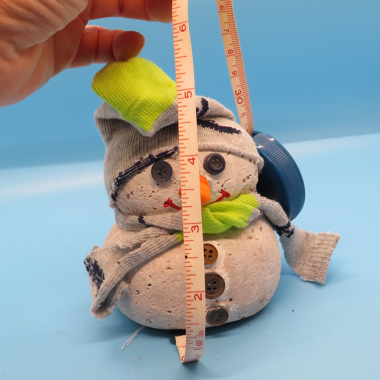 Unique Hypertufa Snowman Figurine with Cozy Sock Hat & Scarf, Winter Tabletop Decor