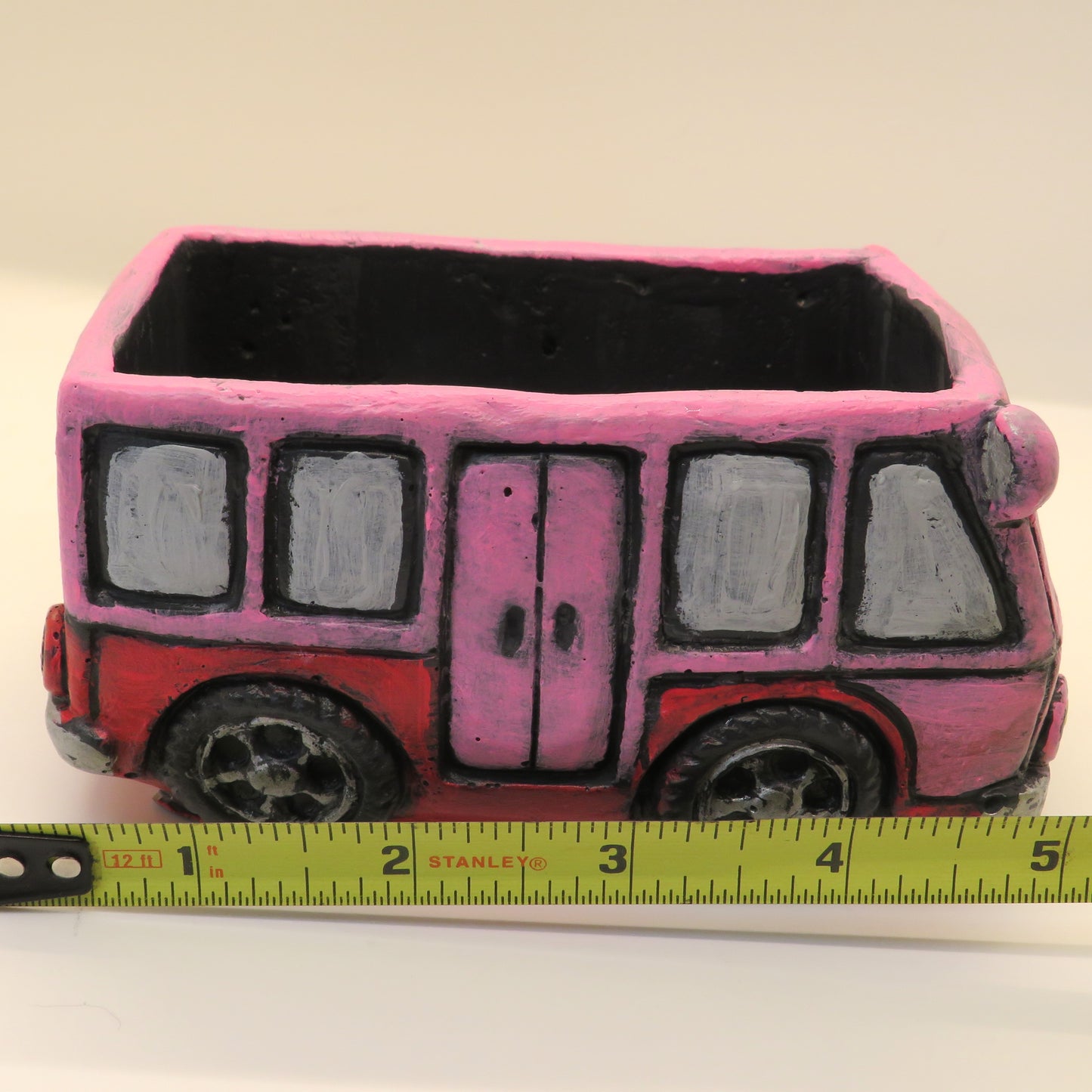 Handcrafted Pink Bus Cement Planter – Unique Colorado License Plate Theme, Ideal for Succulents & Small Plants