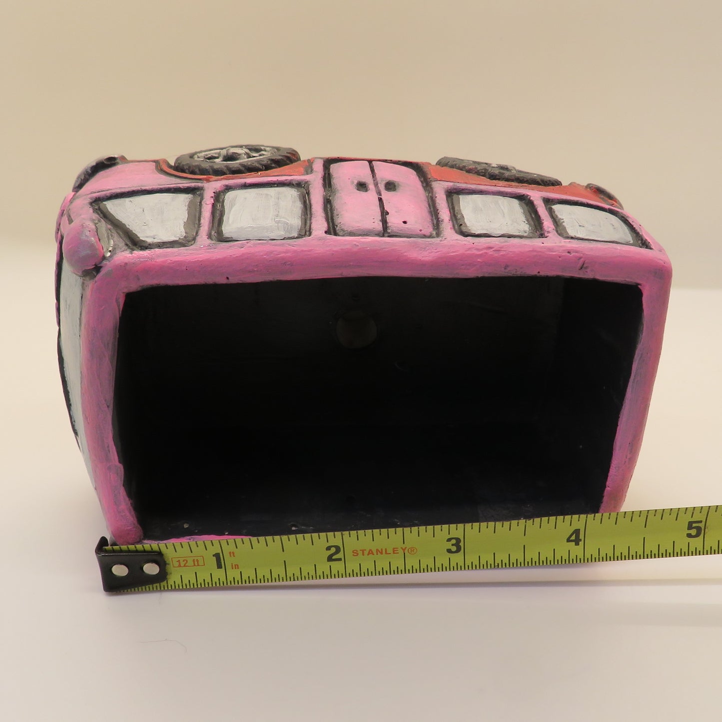 Handcrafted Pink Bus Cement Planter – Unique Colorado License Plate Theme, Ideal for Succulents & Small Plants