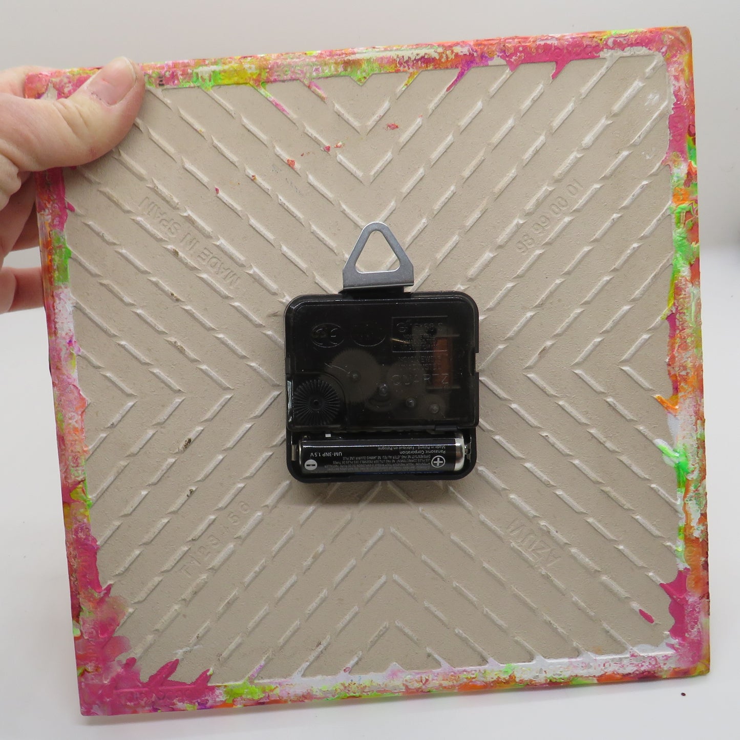 Handcrafted Neon Flower Pour Paint Clock, Upcycled 8x8 Ceramic Tile Wall Art