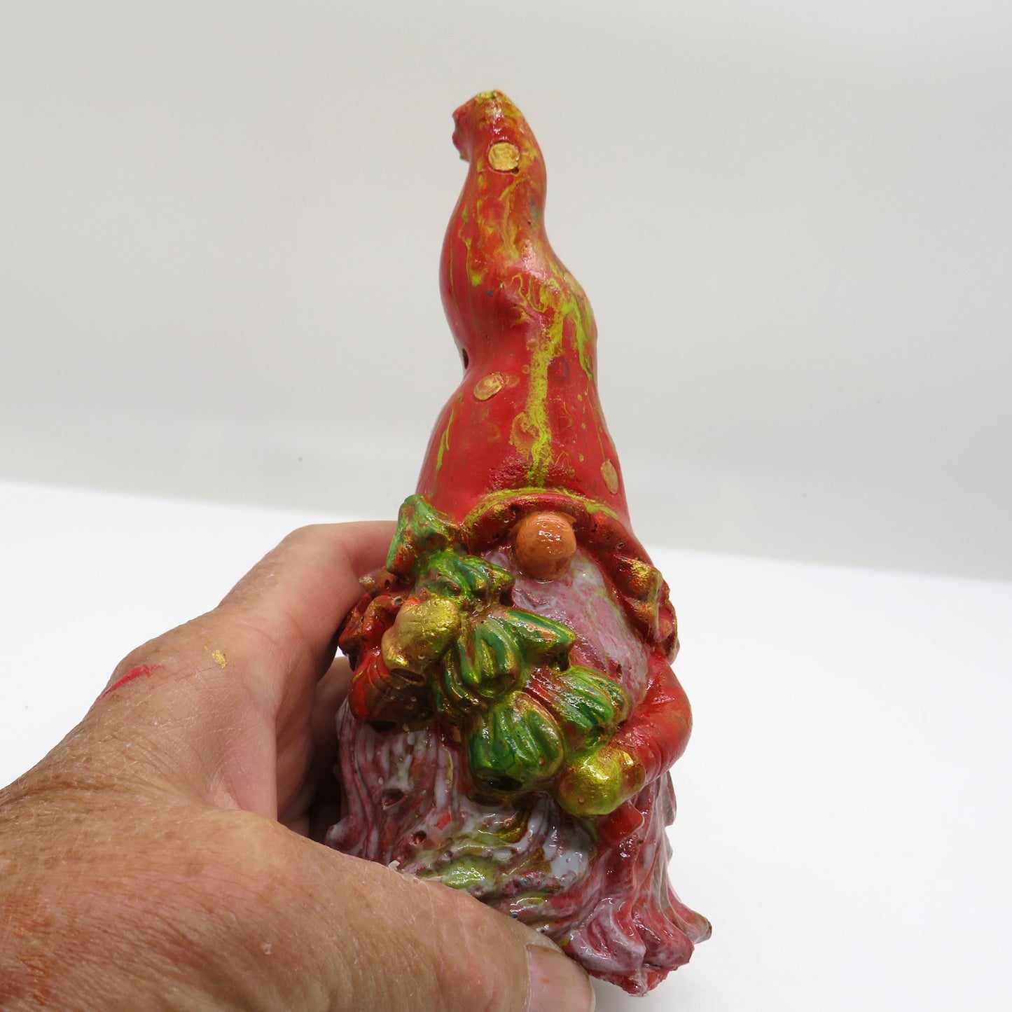 Handmade Holiday Gnome Carrying Tree - Acrylic Pour Painted Cement Gnome with Translucent Beard and Pointed Hat