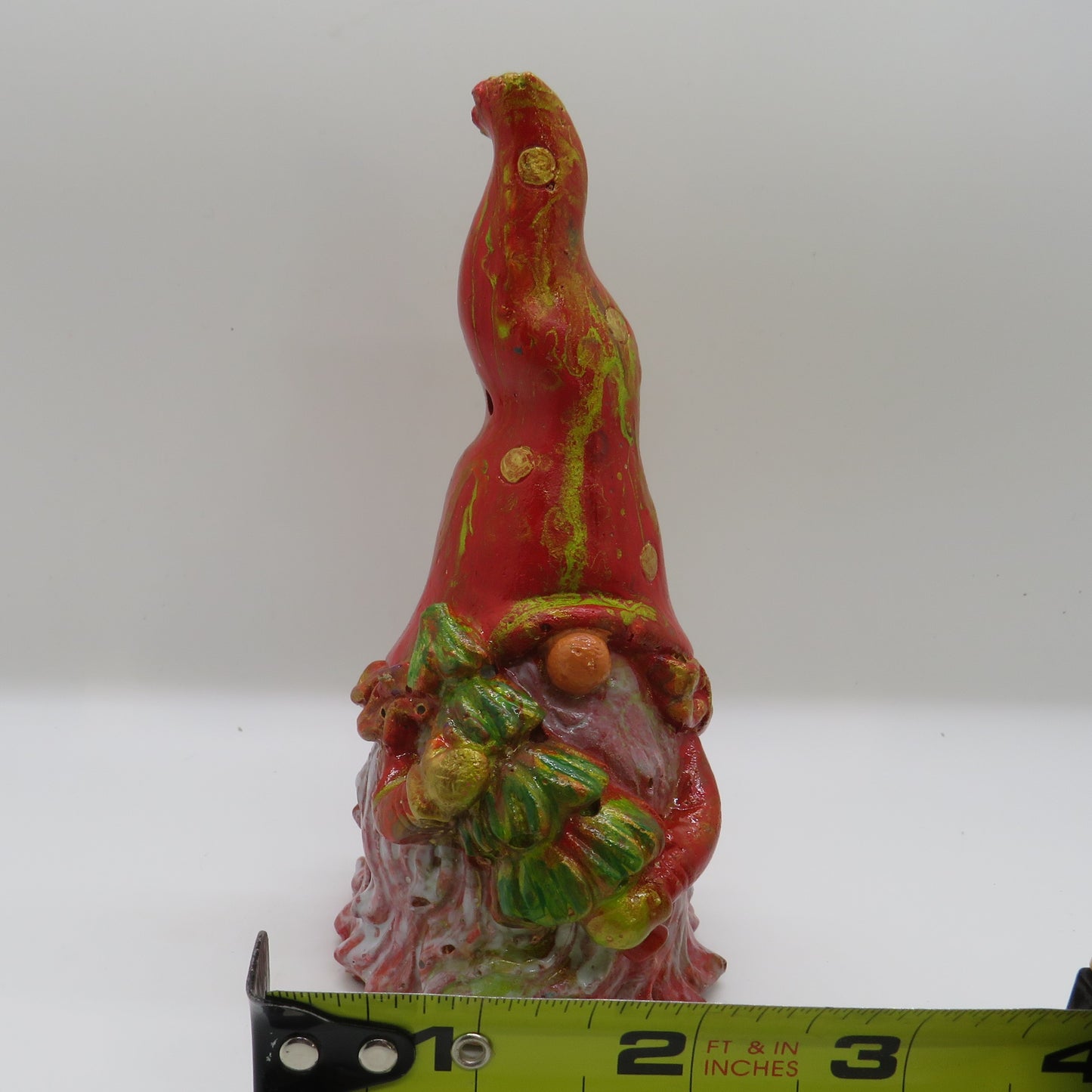 Handmade Holiday Gnome Carrying Tree - Acrylic Pour Painted Cement Gnome with Translucent Beard and Pointed Hat
