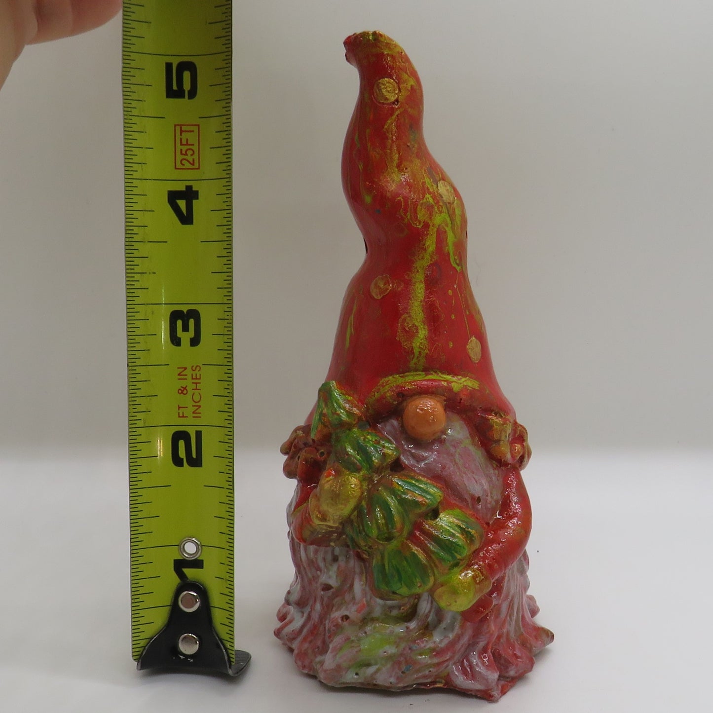 Handmade Holiday Gnome Carrying Tree - Acrylic Pour Painted Cement Gnome with Translucent Beard and Pointed Hat