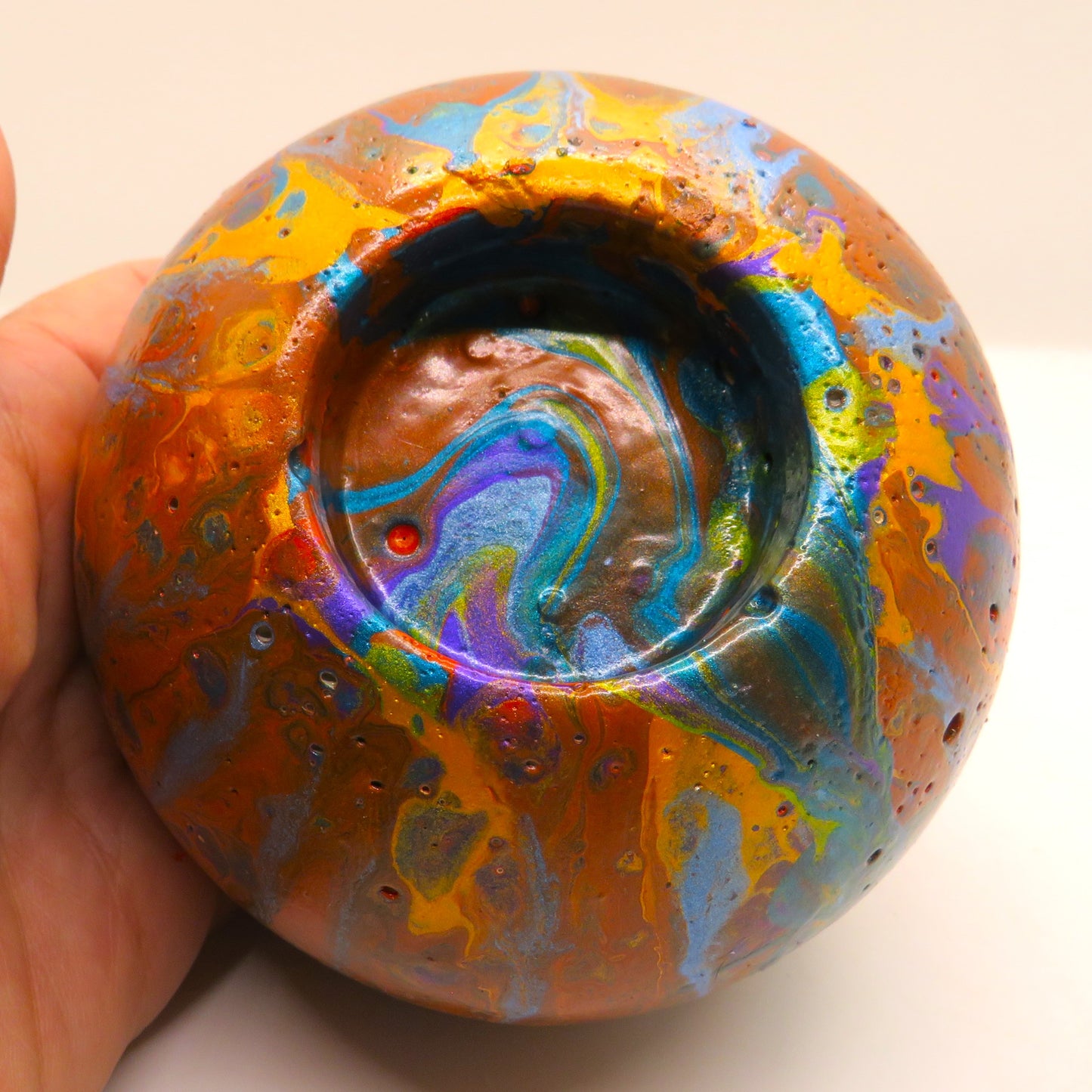 Handmade Winter Charm Candle Holder - Cement Sphere with Snow Accents, Includes Peppermint Tealight