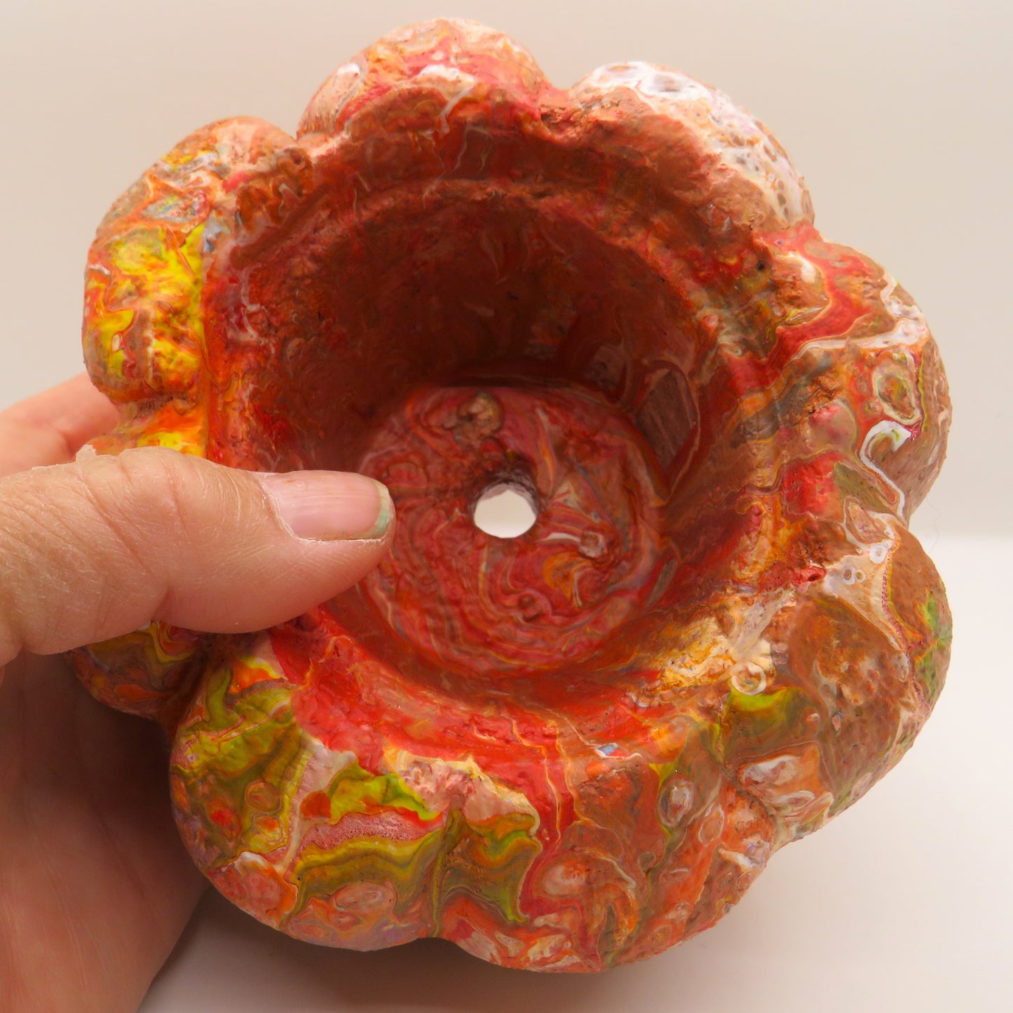 Stunning Handmade Fluid Art Pumpkin Planter - Unique Hypertufa Decor for Fall, Halloween, Thanksgiving