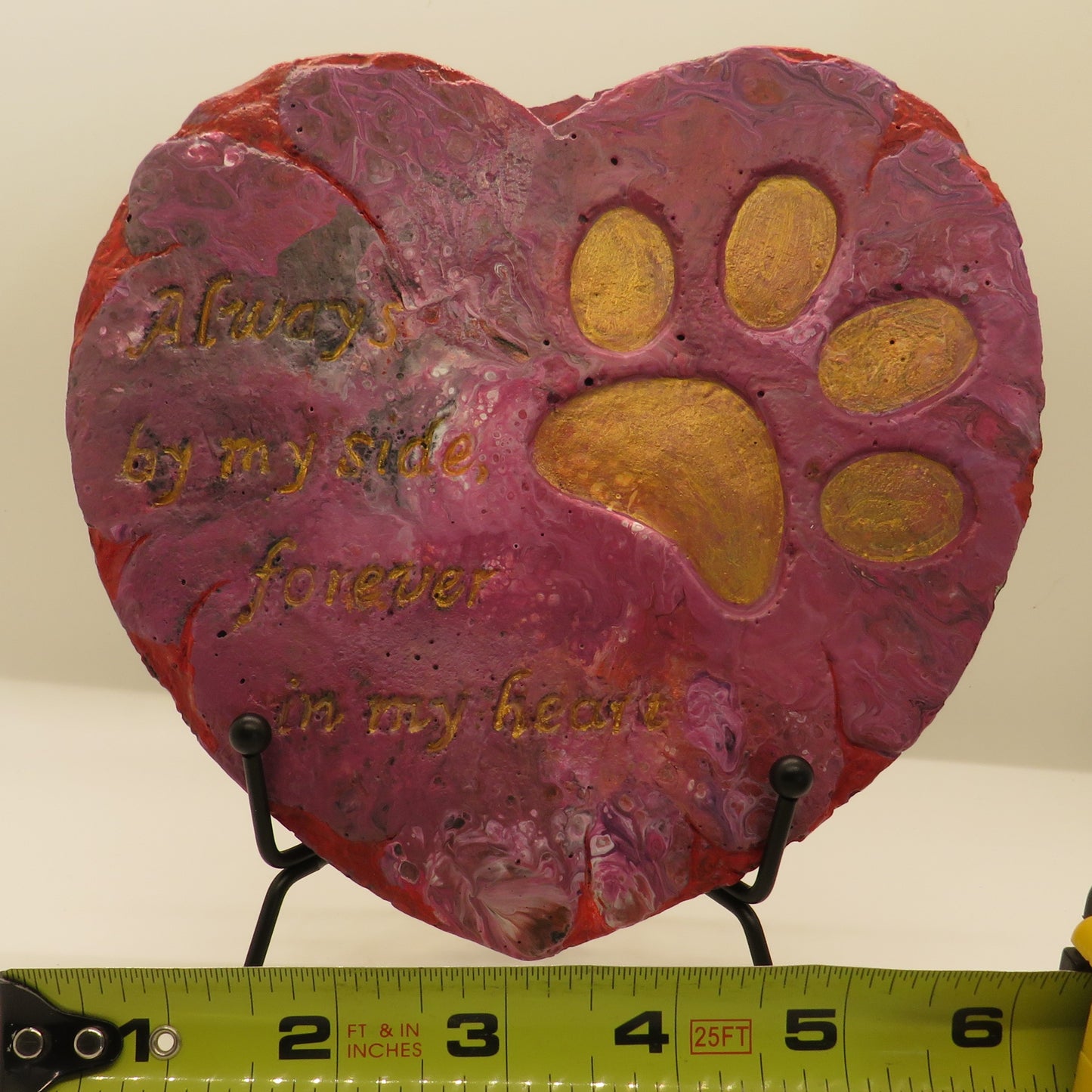 Handcrafted Rustic Hypertufa Heart-Shaped Pet Memorial with Colorful Paw Print