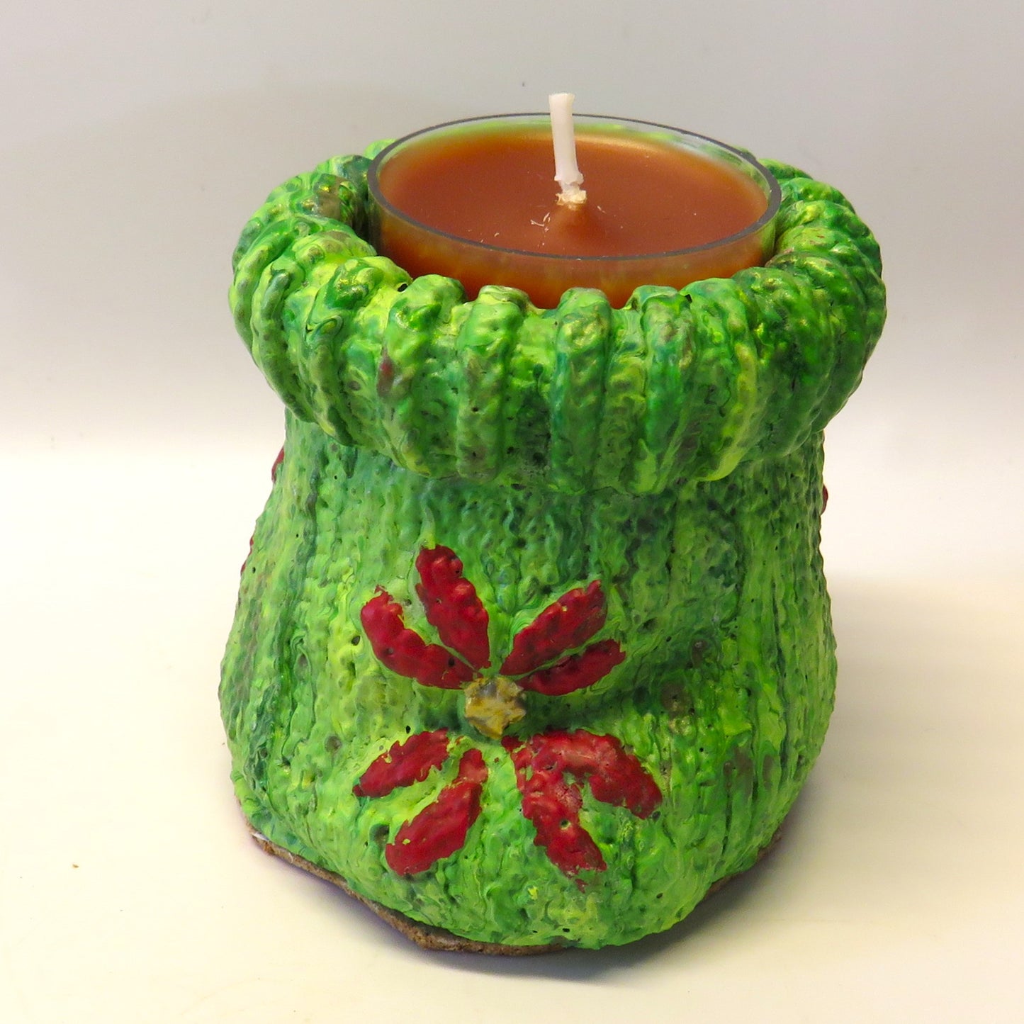 Hand-Painted Poinsettia Knit-Textured Christmas Stocking Candle Holder