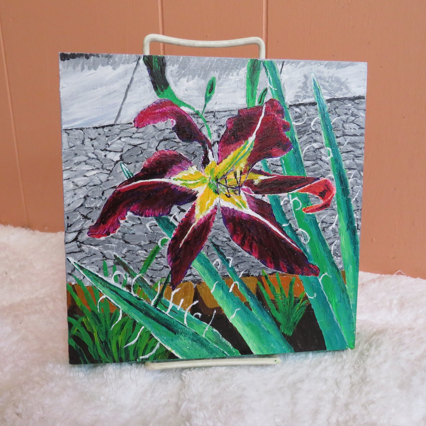 Original Purple Daylily with Yucca 8x8 Hand-Painted Art Print, Signed Wall Decor