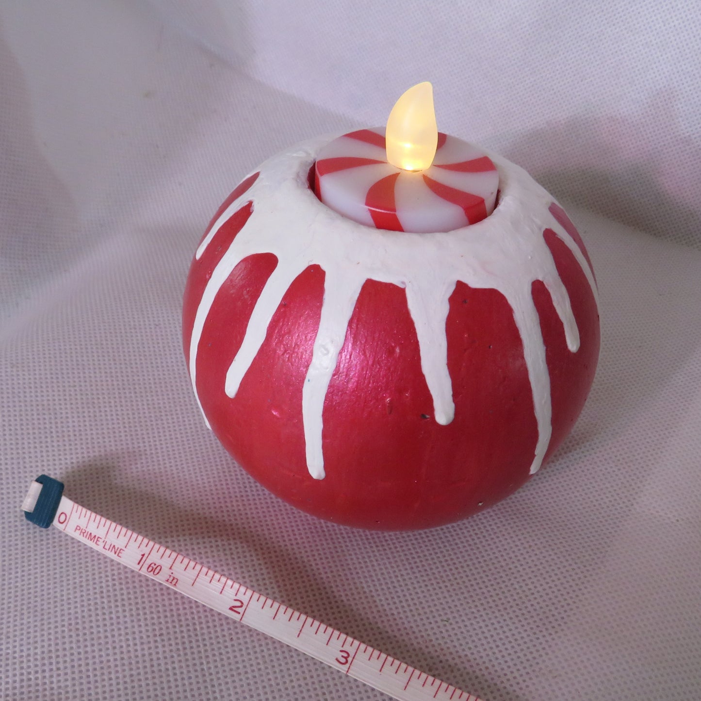 Handmade Winter Charm Candle Holder - Cement Sphere with Snow Accents, Includes Peppermint Tealight