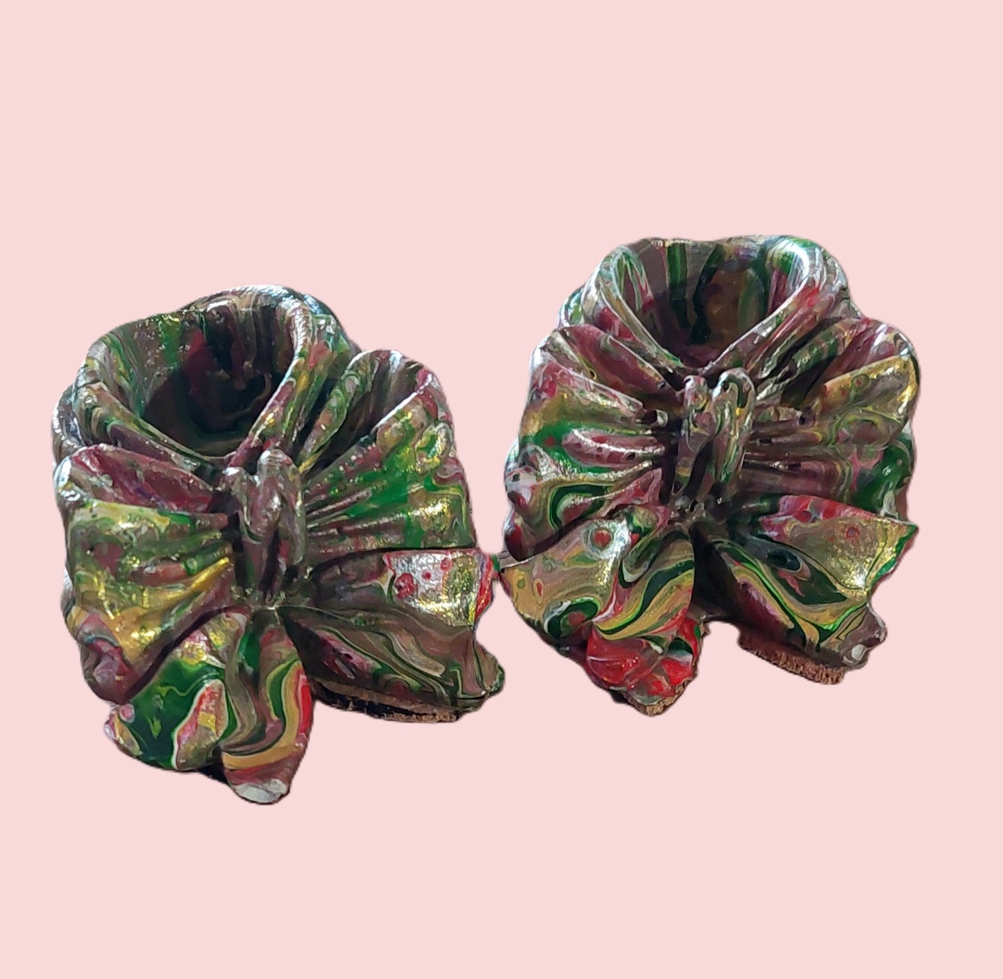 Handmade Multicolor Bow Taper Candle Holders, Unique Cement Holiday Decor, Set of 2