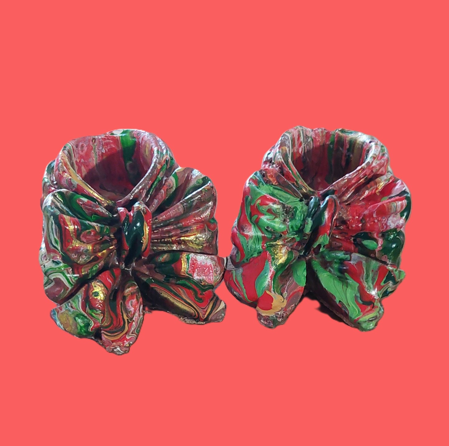 Handmade Multicolor Bow Taper Candle Holders, Unique Cement Holiday Decor, Set of 2