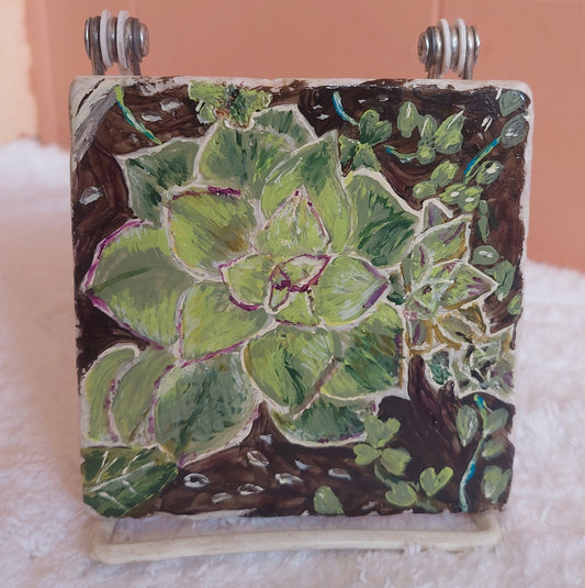 Unique Hand-Painted Succulent Tile Art - Acrylic Coaster Trivet or Wall Decor, Eco-Friendly 4x4