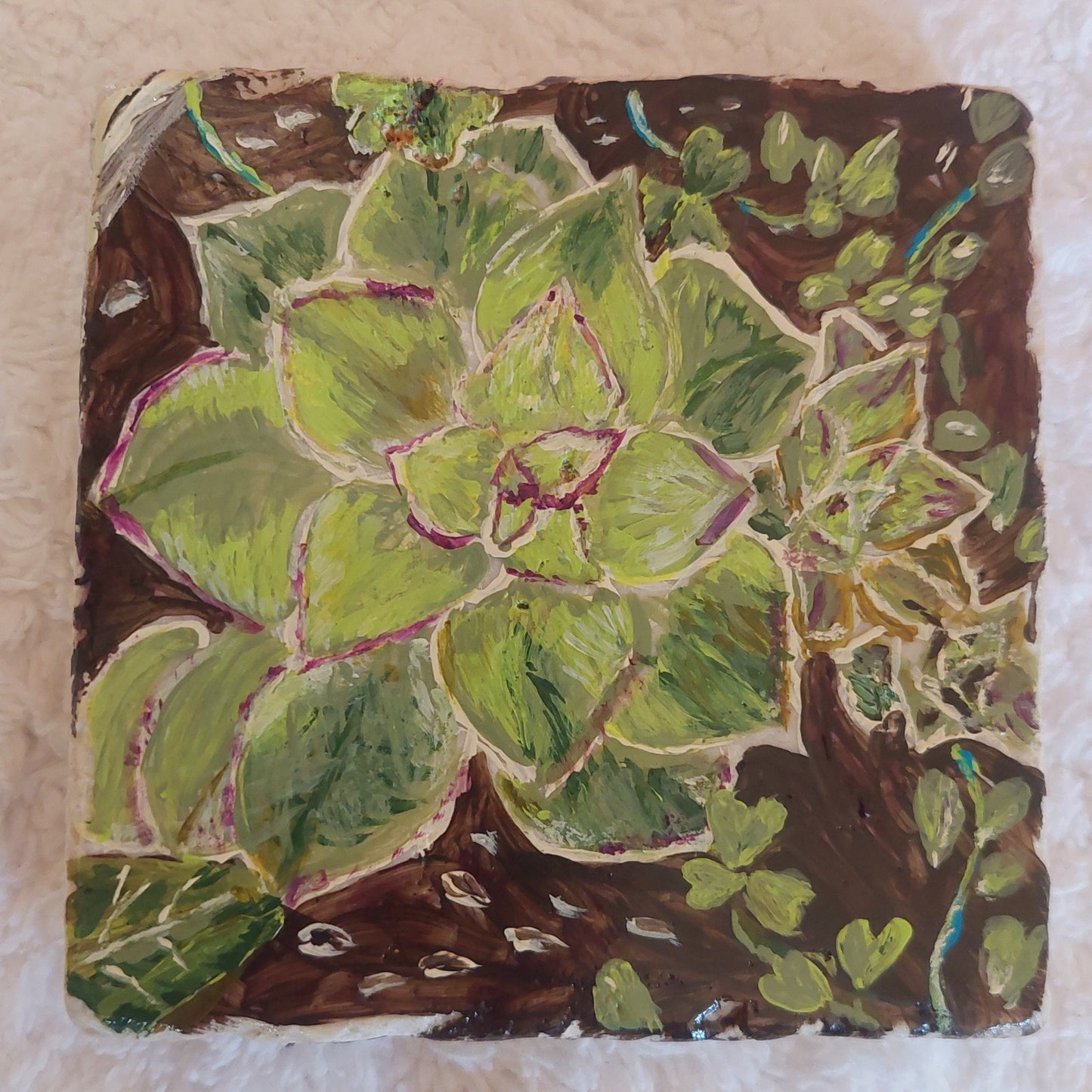 Unique Hand-Painted Succulent Tile Art - Acrylic Coaster Trivet or Wall Decor, Eco-Friendly 4x4