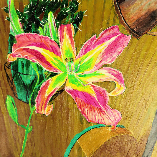 Signed Daylily Garden Art Print - Pink Yellow Floral Wall Decor, Nurse Stethoscope 8x8
