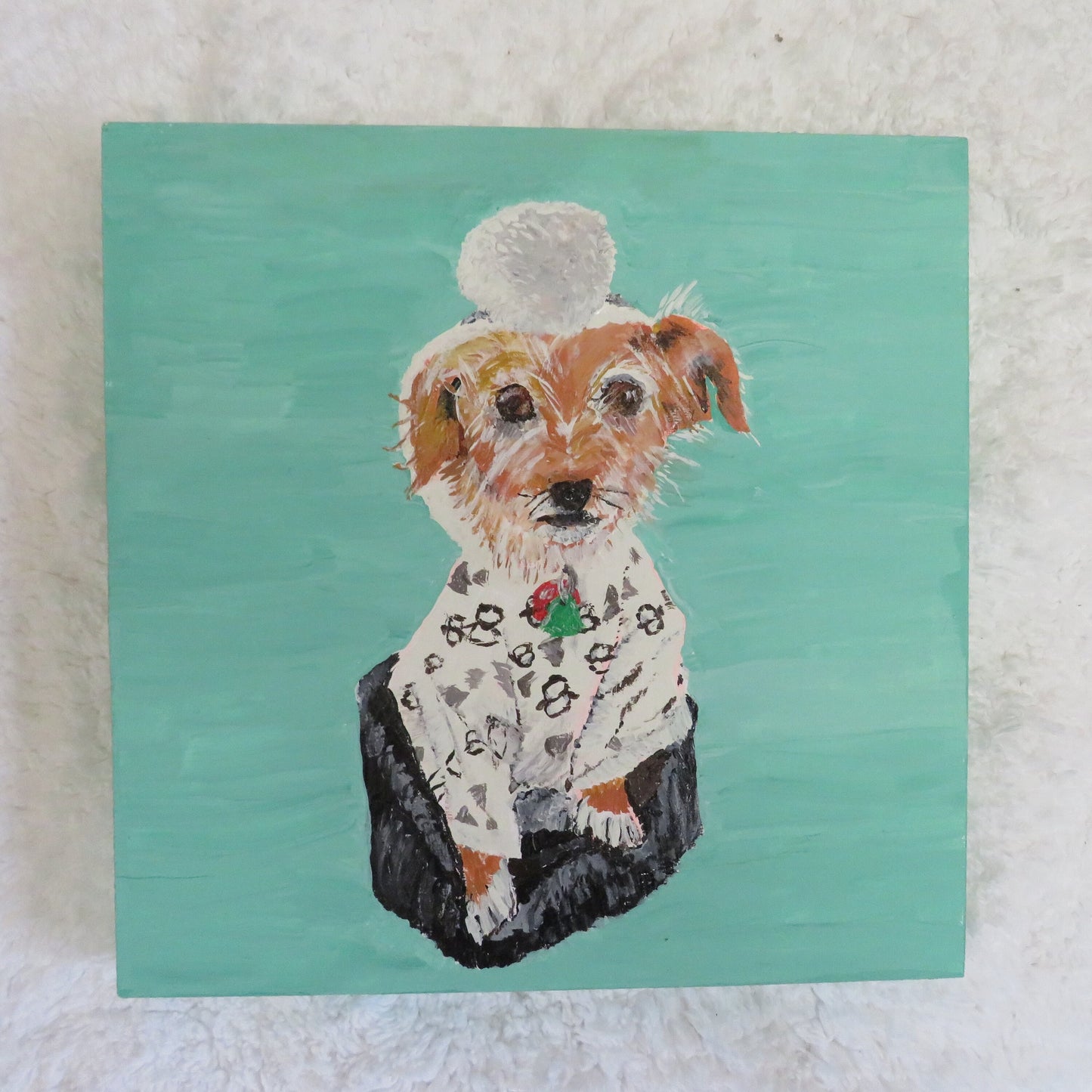 Charming Terrier Mix in Pompom Pajamas, Handmade Original Dog Painting 8x8