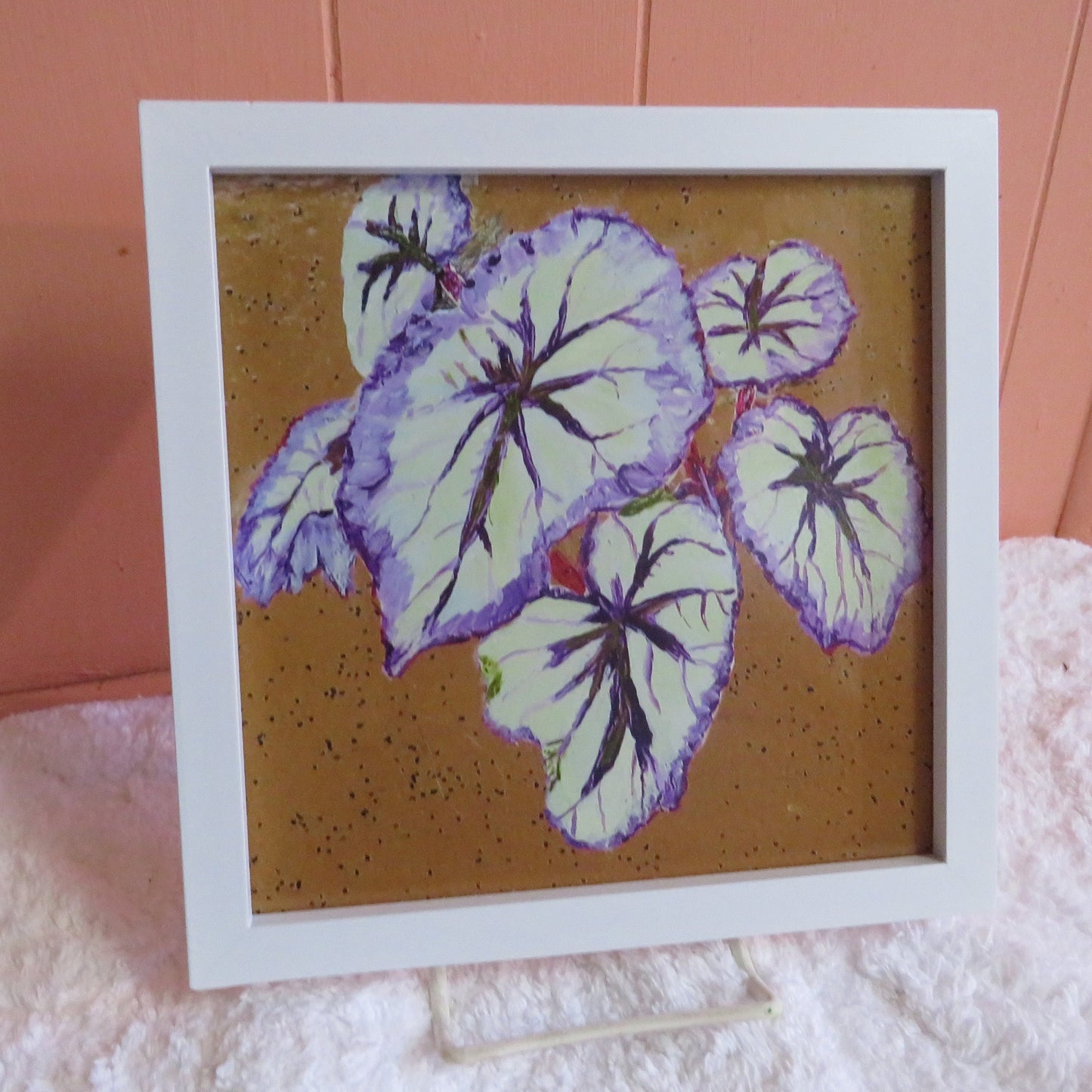 Hand-Painted Rex Begonia Leaf Art, Purple & Silver Wall Decor, Signed 8x8 Photo Print