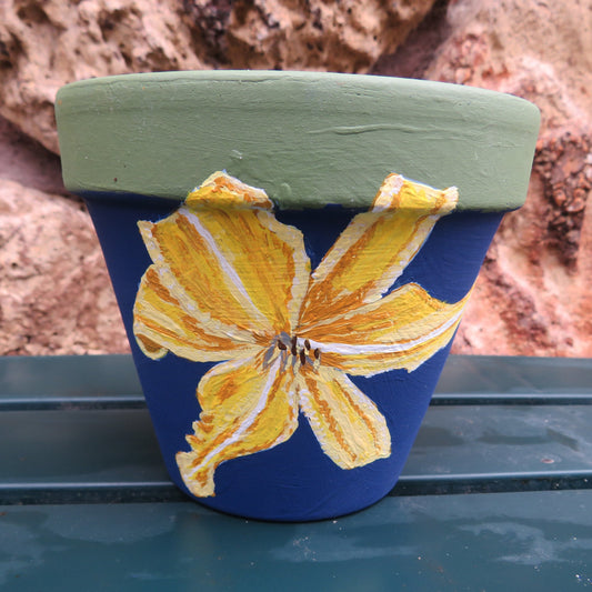 Hand-Painted Gold Daylily Terra Cotta Pot, Artisan Crafted Navy Planter - Perfect for Indoor Plants
