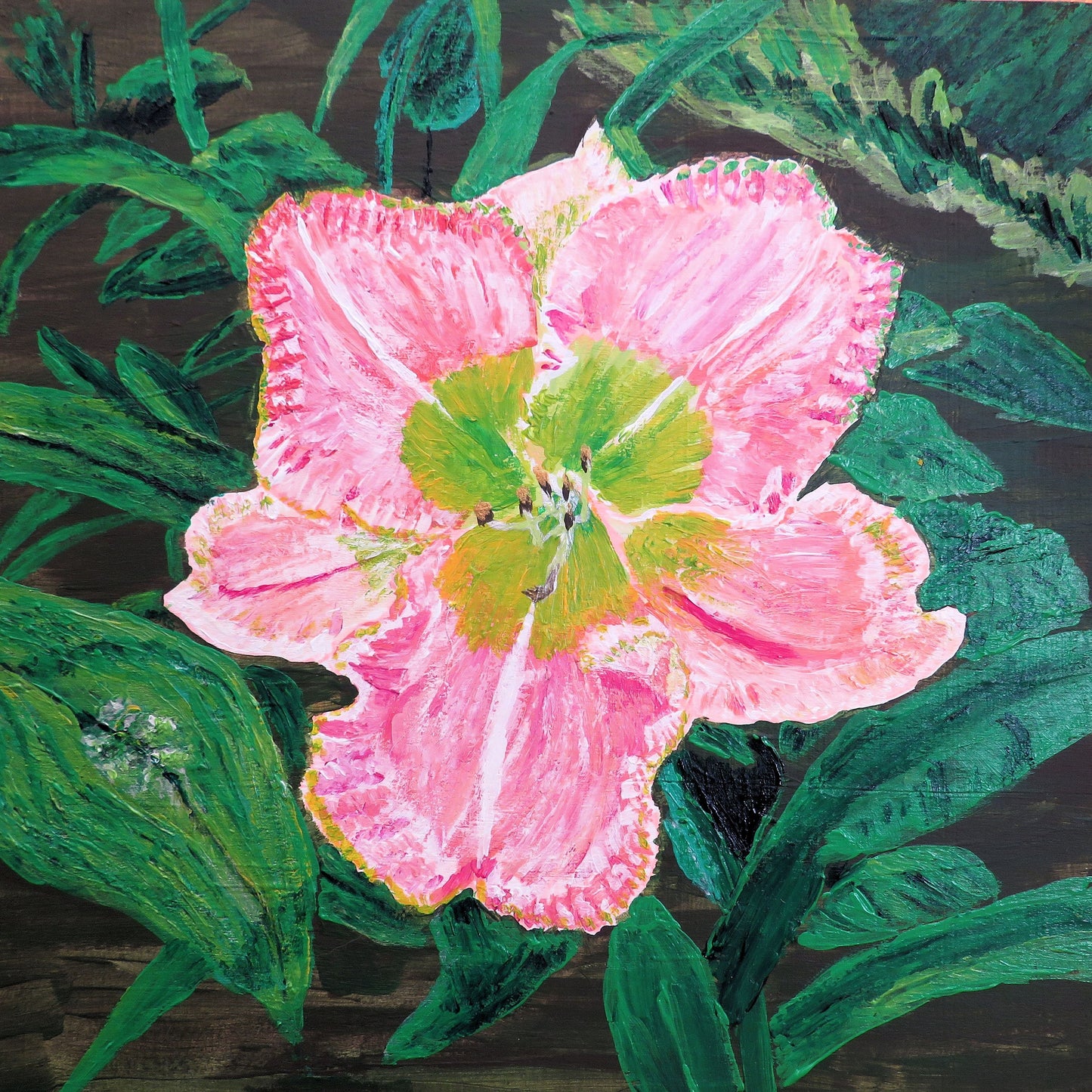 Hand-Painted Daylily Artwork - Pink Ruffled Flower Painting on Wood Panel 8x8, Original Floral Decor
