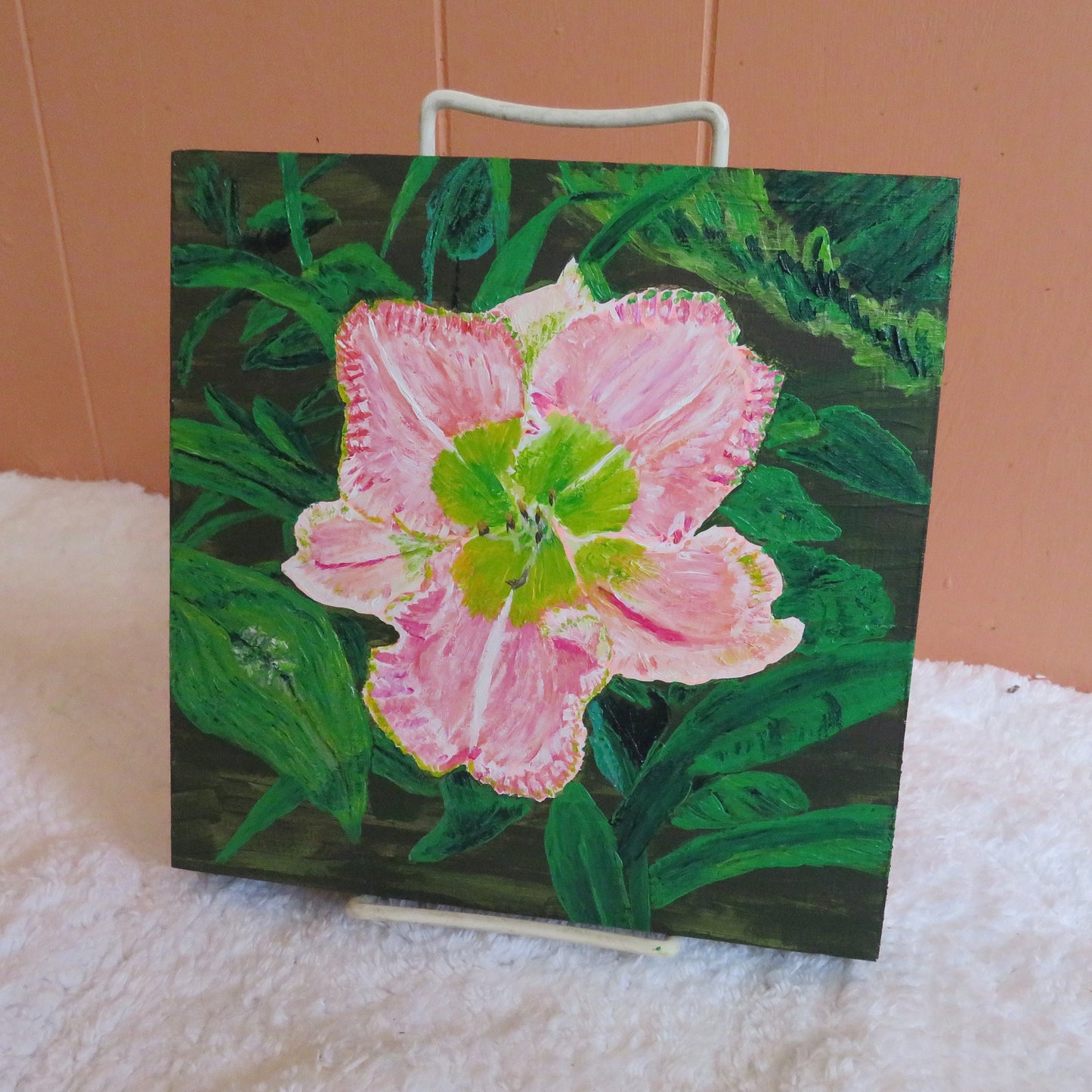 Hand-Painted Daylily Artwork - Pink Ruffled Flower Painting on Wood Panel 8x8, Original Floral Decor