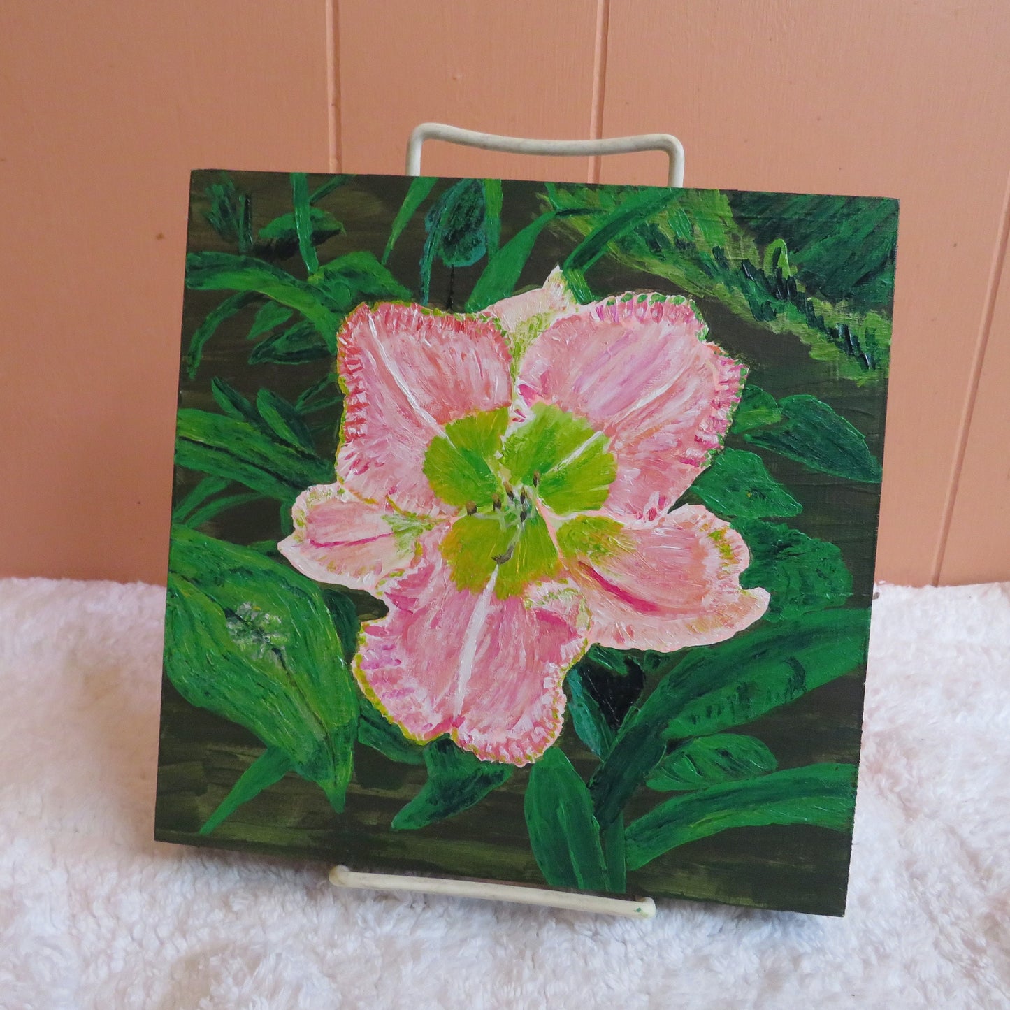 Hand-Painted Daylily Artwork - Pink Ruffled Flower Painting on Wood Panel 8x8, Original Floral Decor