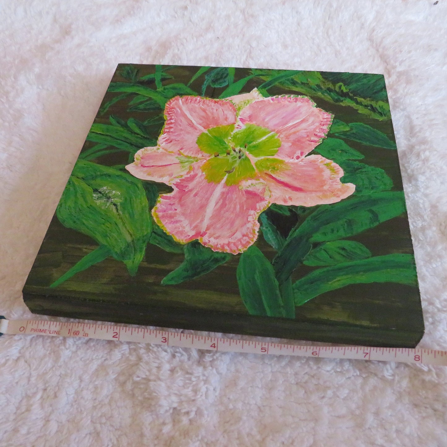 Hand-Painted Daylily Artwork - Pink Ruffled Flower Painting on Wood Panel 8x8, Original Floral Decor