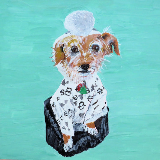 Charming Terrier Mix in Pompom Pajamas, Handmade Original Dog Painting 8x8
