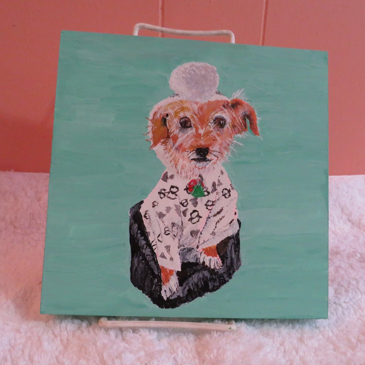 Charming Terrier Mix in Pompom Pajamas, Handmade Original Dog Painting 8x8