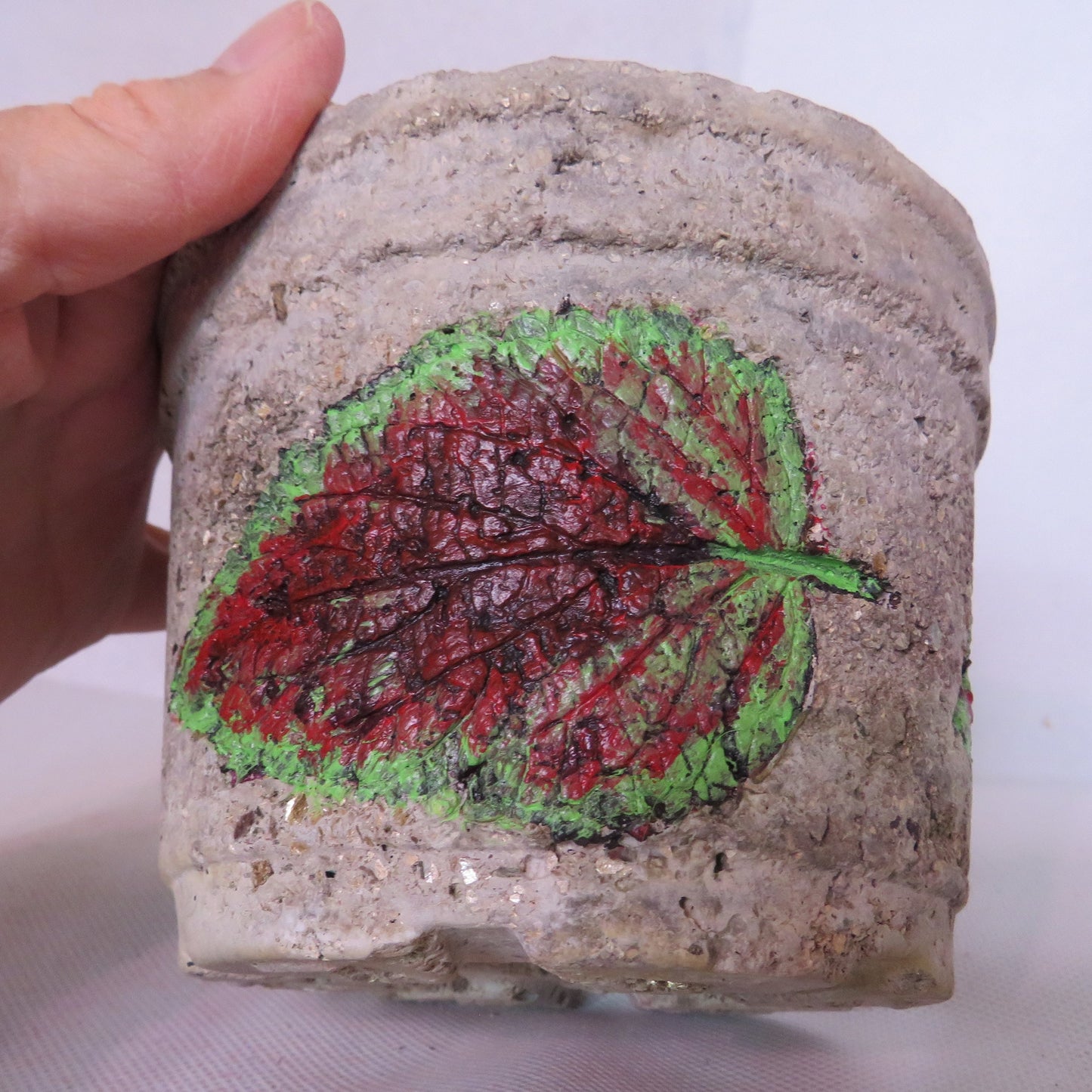 Rustic Handcrafted Hypertufa Planter with Coleus Leaf Impressions, Rich Red-Green, 4.5 Unique Garden Decor