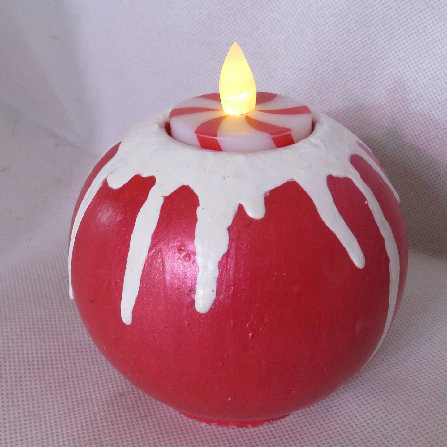 Handmade Winter Charm Candle Holder - Cement Sphere with Snow Accents, Includes Peppermint Tealight
