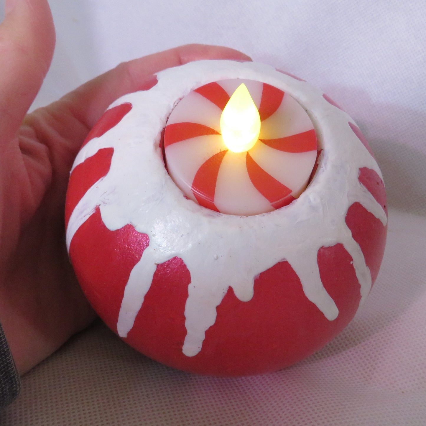 Handmade Winter Charm Candle Holder - Cement Sphere with Snow Accents, Includes Peppermint Tealight