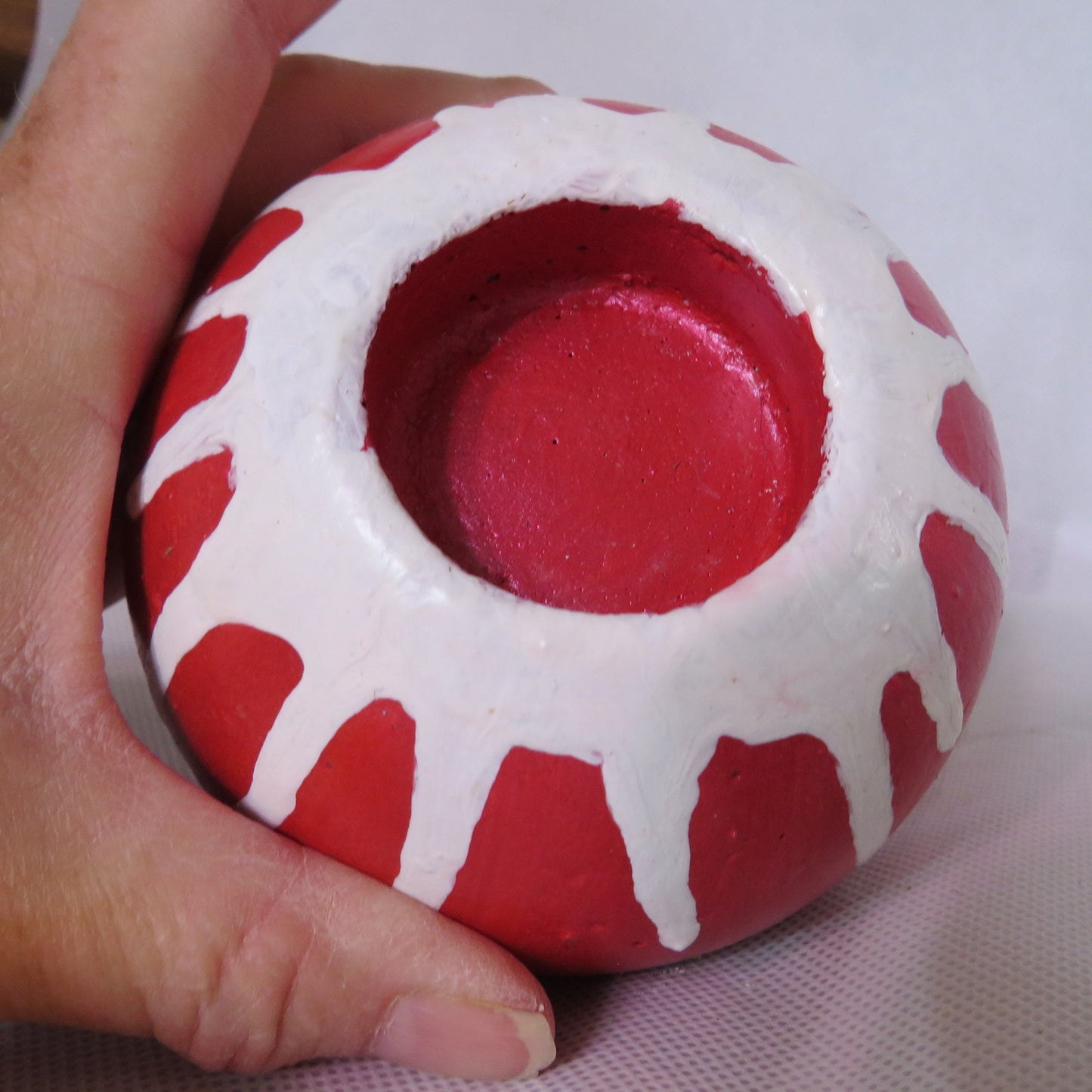 Handmade Winter Charm Candle Holder - Cement Sphere with Snow Accents, Includes Peppermint Tealight