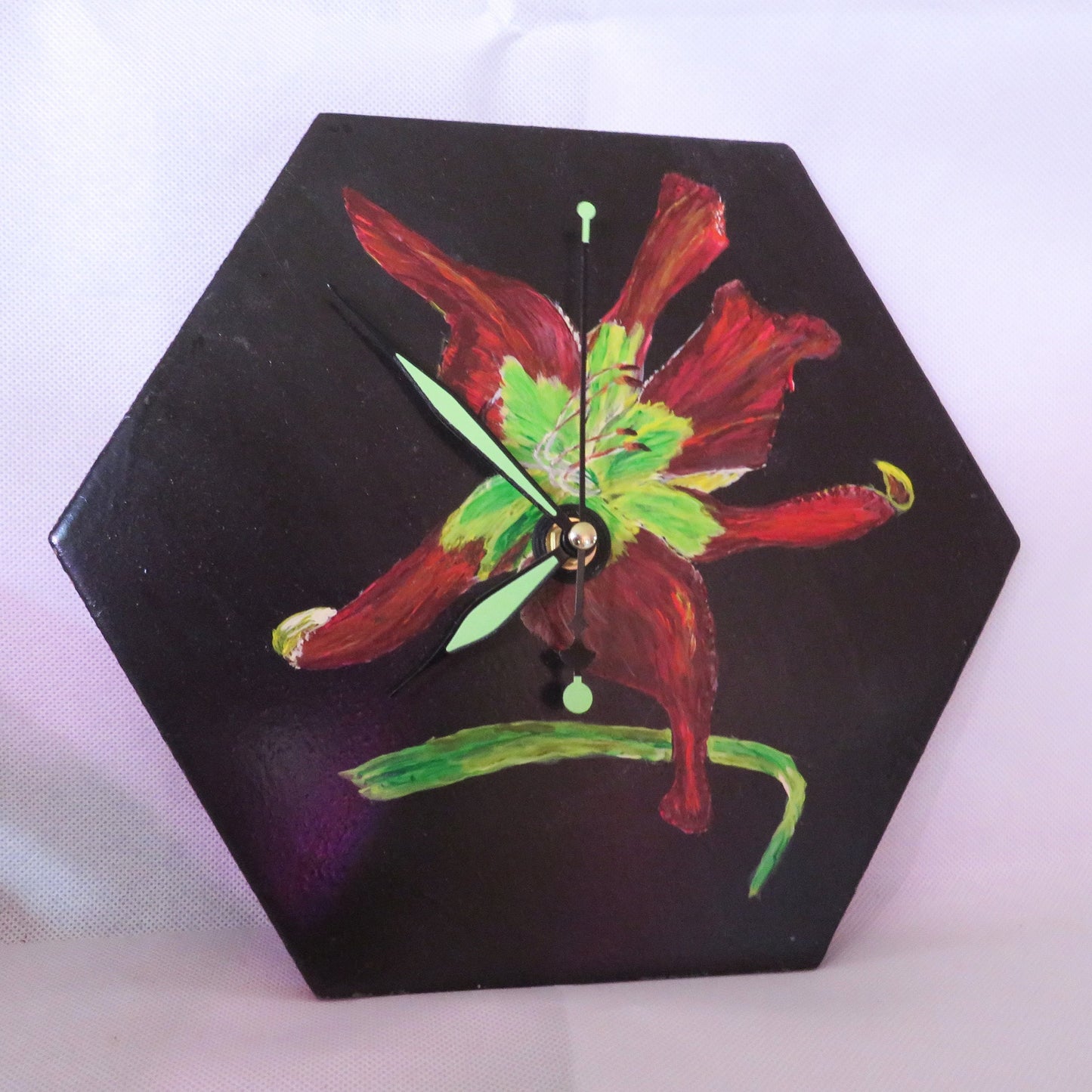Unique Hexagonal Wall Clock with Hand-Painted Red Daylily Design, Artistic Home Decor