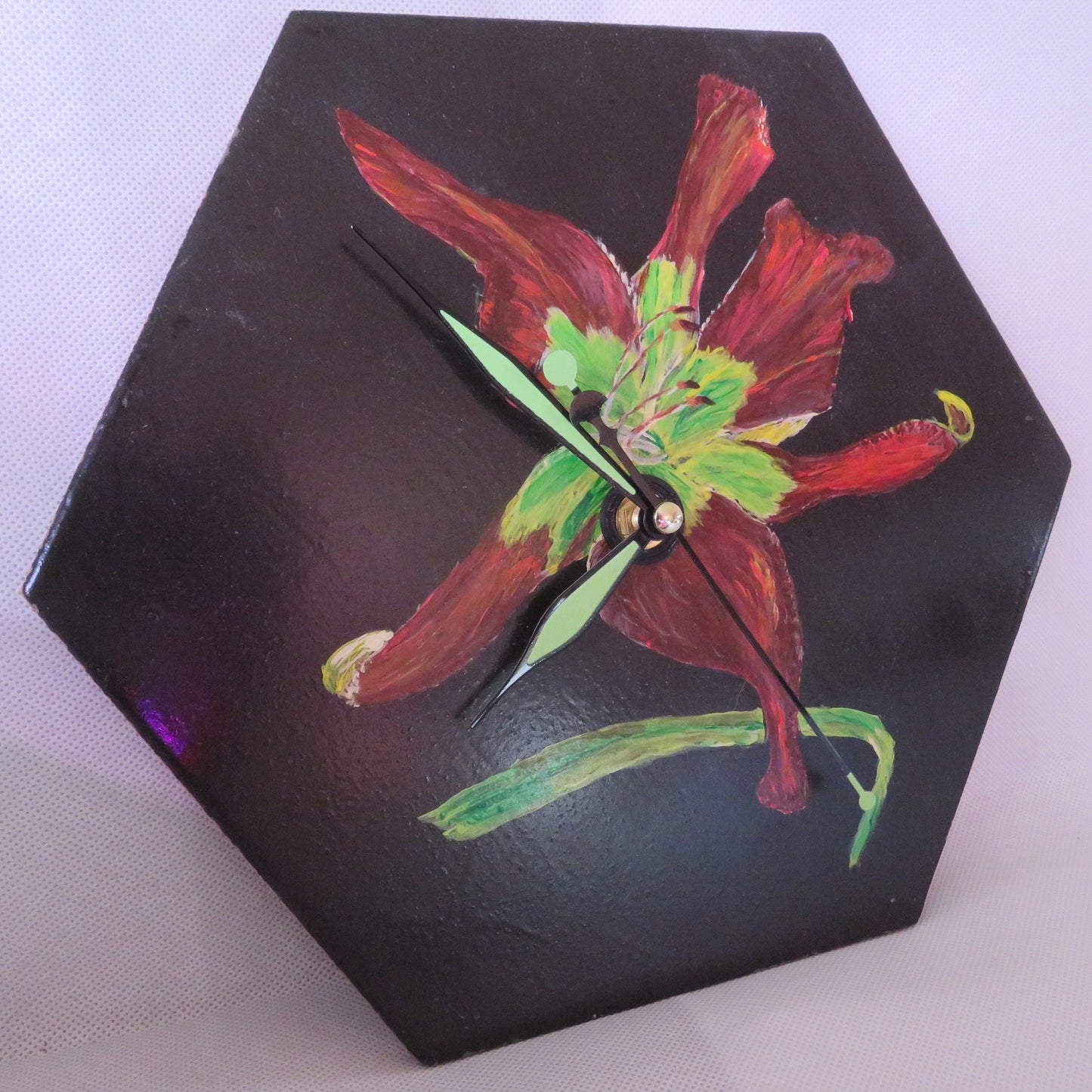 Unique Hexagonal Wall Clock with Hand-Painted Red Daylily Design, Artistic Home Decor
