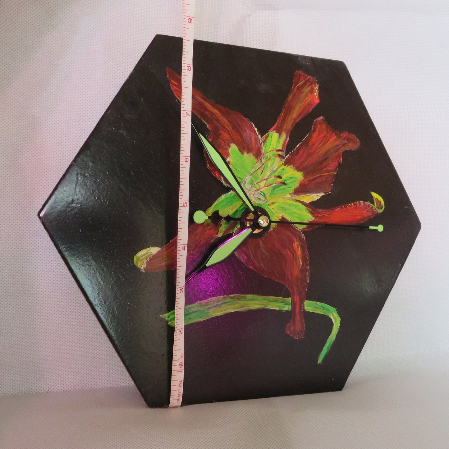 Unique Hexagonal Wall Clock with Hand-Painted Red Daylily Design, Artistic Home Decor