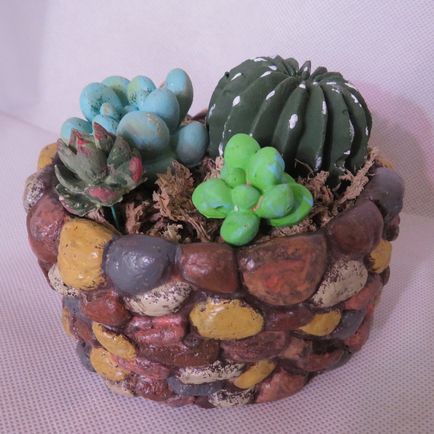 Colorful Pebble Cement Succulent Planter | Small Round Decorative Pot with Optional Faux Plants