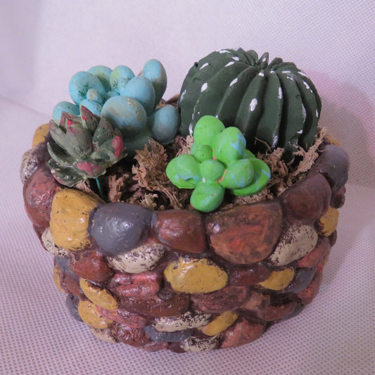 Colorful Pebble Cement Succulent Planter | Small Round Decorative Pot with Optional Faux Plants