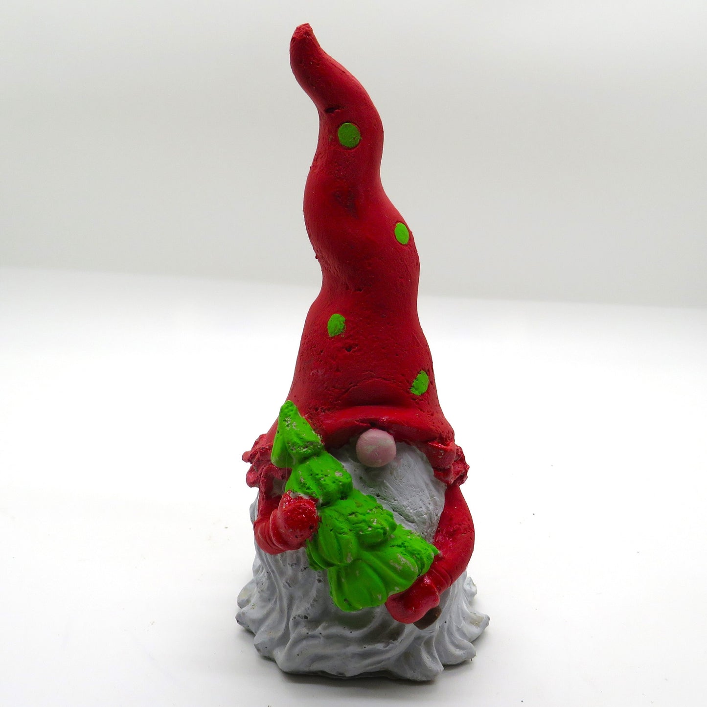Gnome figurine with Christmas tree, handmade, hand-painted, garden gnome 5.5 inches tall