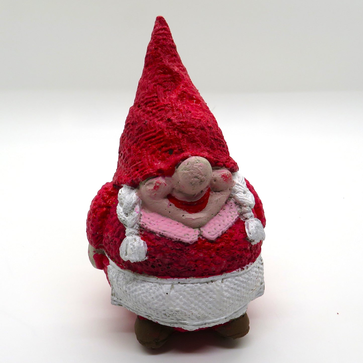 Girl gnome figurine in dress with braids and apron, handmade, hand-painted, cement figurine garden gnome 4.25 inches tall