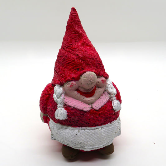 Girl gnome figurine in dress with braids and apron, handmade, hand-painted, cement figurine garden gnome 4.25 inches tall