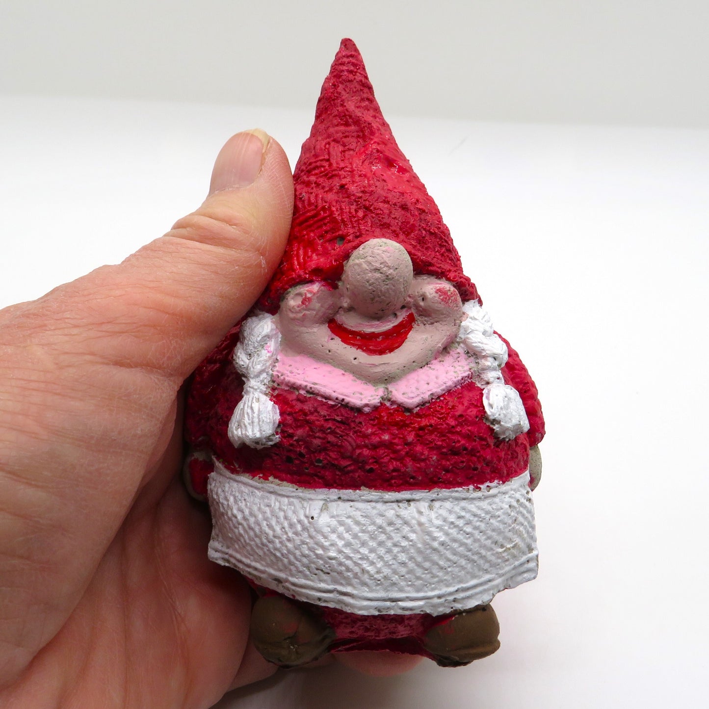 Girl gnome figurine in dress with braids and apron, handmade, hand-painted, cement figurine garden gnome 4.25 inches tall